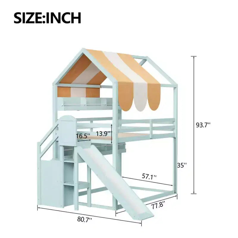 Full Size House Bed with Canopy and Slide for Kids, Wood Loft Bed with Built-in Bookshelves and Storage Staircase