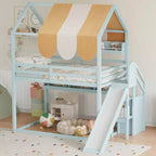 Full Size House Bed with Canopy and Slide for Kids, Wood Loft Bed with Built-in Bookshelves and Storage Staircase