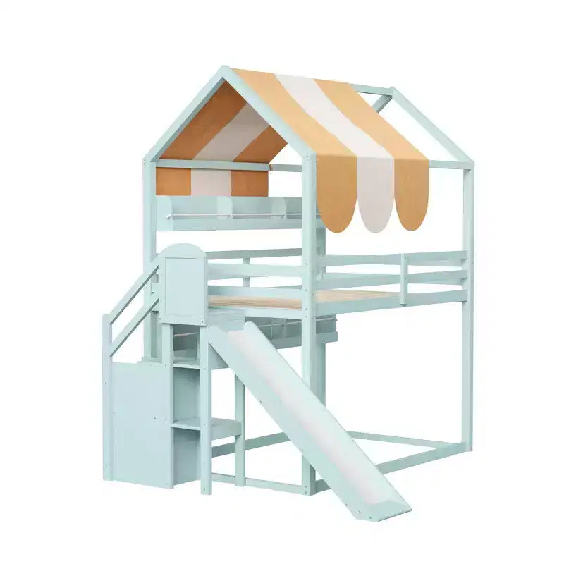 Full Size House Bed with Canopy and Slide for Kids, Wood Loft Bed with Built-in Bookshelves and Storage Staircase