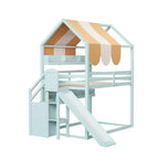 Full Size House Bed with Canopy and Slide for Kids, Wood Loft Bed with Built-in Bookshelves and Storage Staircase
