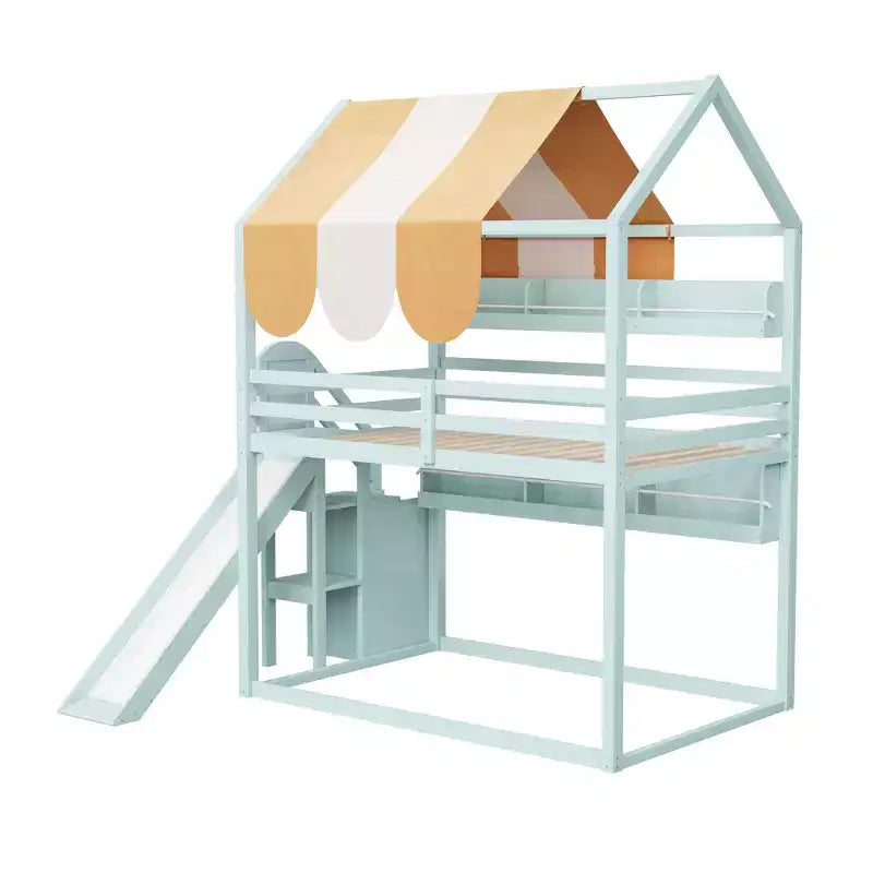 Full Size House Bed with Canopy and Slide for Kids, Wood Loft Bed with Built-in Bookshelves and Storage Staircase