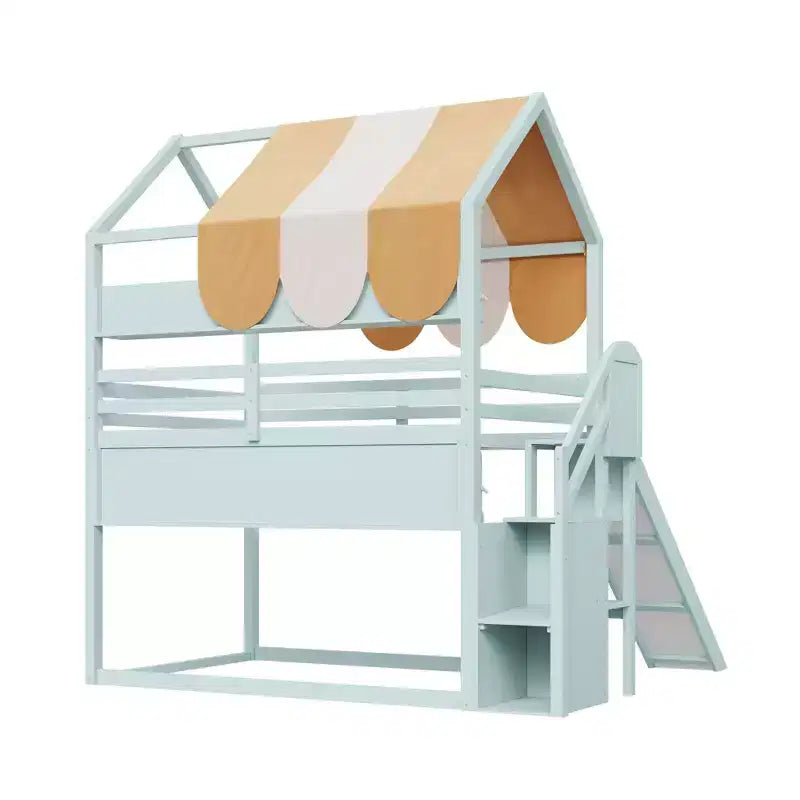 Full Size House Bed with Canopy and Slide for Kids, Wood Loft Bed with Built-in Bookshelves and Storage Staircase