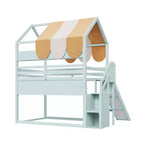 Full Size House Bed with Canopy and Slide for Kids, Wood Loft Bed with Built-in Bookshelves and Storage Staircase