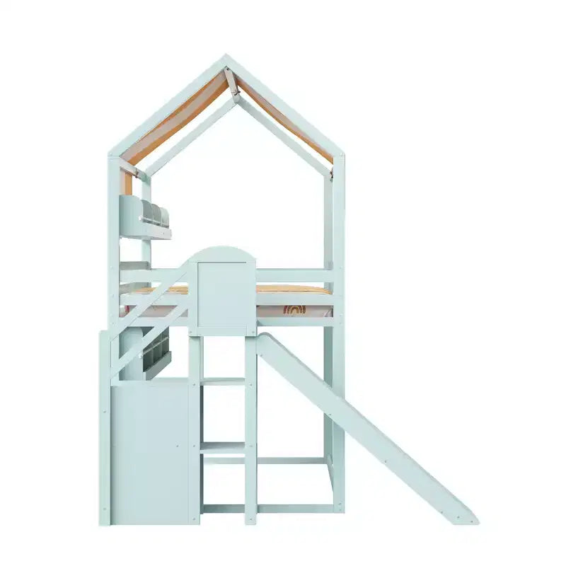 Full Size House Bed with Canopy and Slide for Kids, Wood Loft Bed with Built-in Bookshelves and Storage Staircase