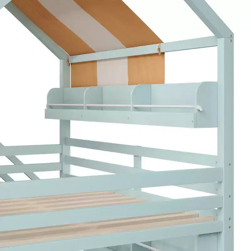 Full Size House Bed with Canopy and Slide for Kids, Wood Loft Bed with Built-in Bookshelves and Storage Staircase