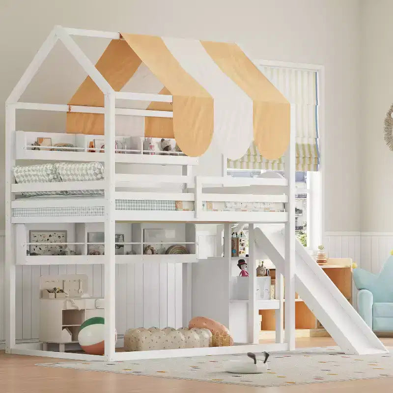 Full Size House Bed with Canopy and Slide for Kids, Wood Loft Bed with Built-in Bookshelves and Storage Staircase
