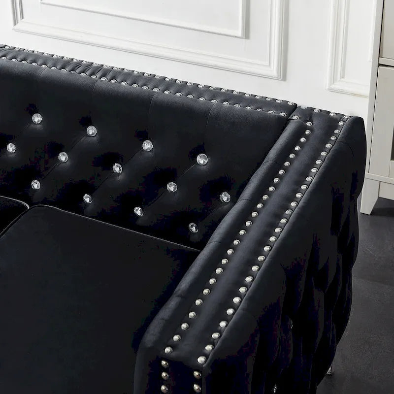 Canapé deux places en velours à accoudoirs carrés, avec boutons ornés de bijoux et 2 coussins