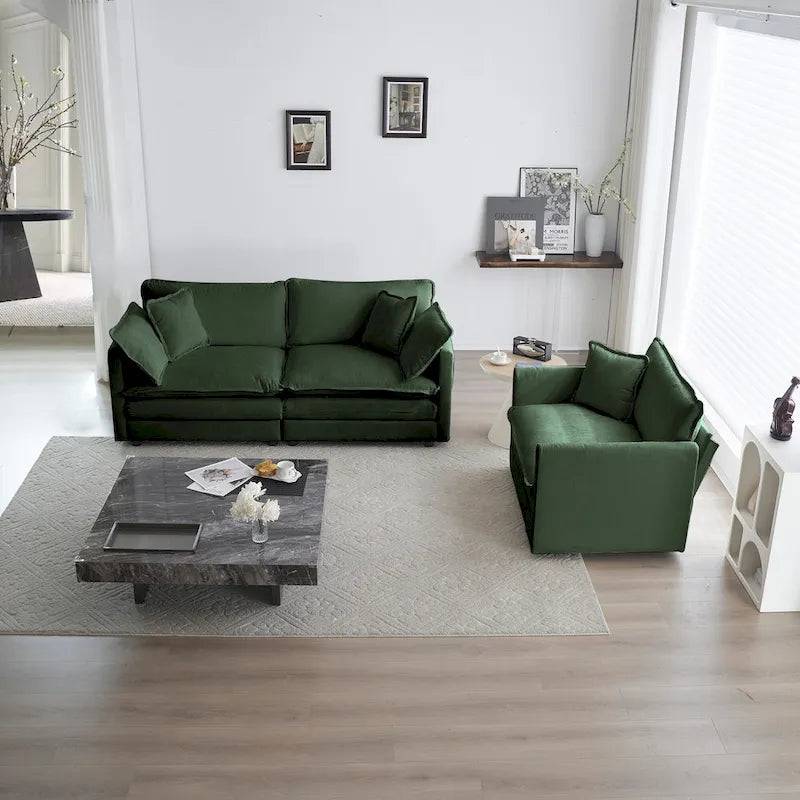 Conjunto de sofá de chenilla de 3 piezas con cojines para los brazos y cojines decorativos; incluye 2 sillones y un sofá de 2 plazas