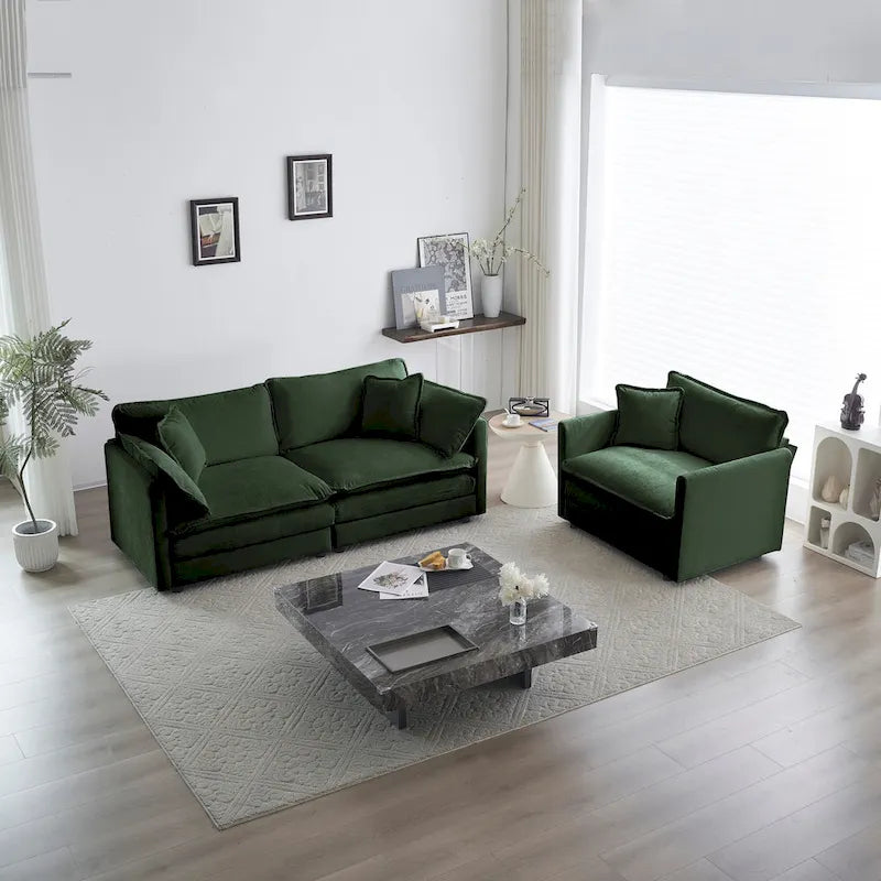 Conjunto de sofá de chenilla de 3 piezas con cojines para los brazos y cojines decorativos; incluye 2 sillones y un sofá de 2 plazas