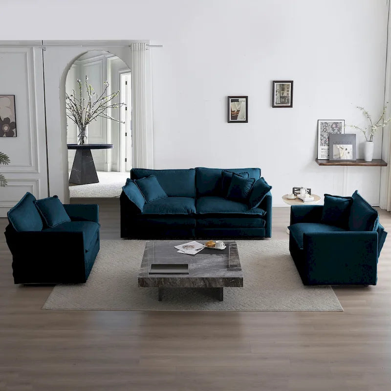 Conjunto de sofá de chenilla de 3 piezas con cojines para los brazos y cojines decorativos; incluye 2 sillones y un sofá de 2 plazas