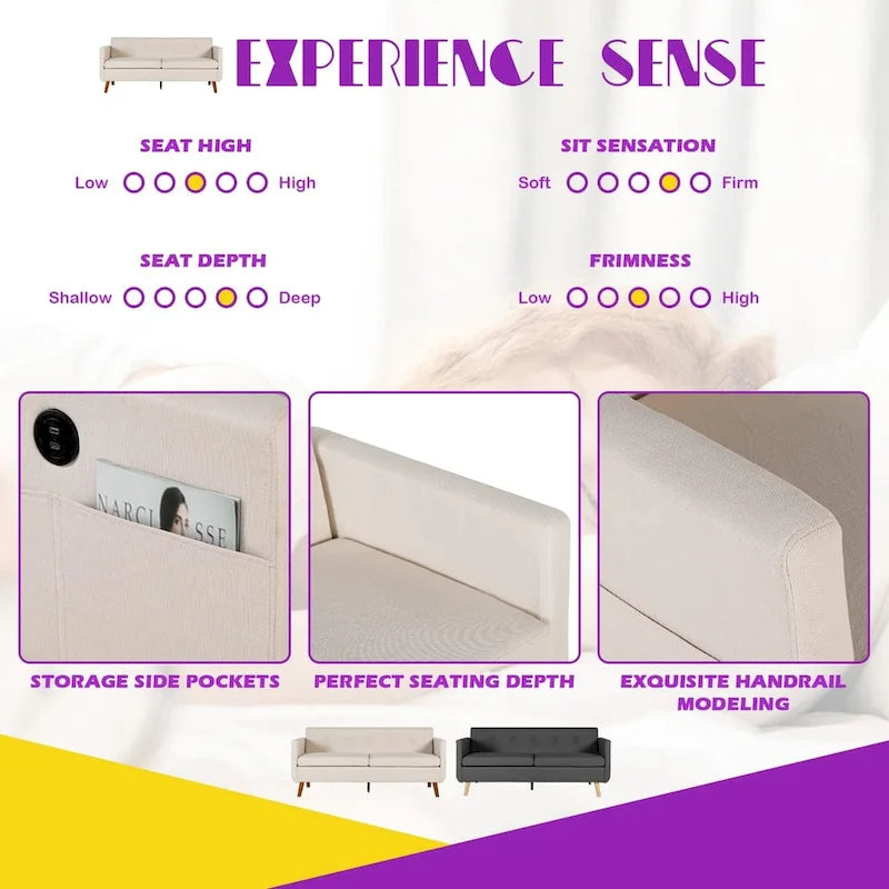 Moderne tweezitsbank van 65 inch met 2 USB-oplaadpoorten