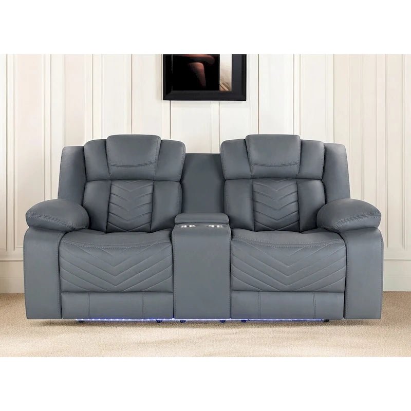 75-calowa jasnoszara elektryczna sofa dwuosobowa ze skóry ekologicznej z funkcją rozkładania i schowkiem