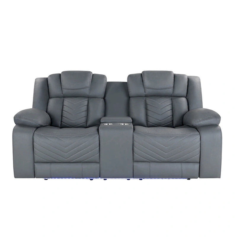75-calowa jasnoszara elektryczna sofa dwuosobowa ze skóry ekologicznej z funkcją rozkładania i schowkiem