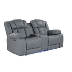 75-calowa jasnoszara elektryczna sofa dwuosobowa ze skóry ekologicznej z funkcją rozkładania i schowkiem