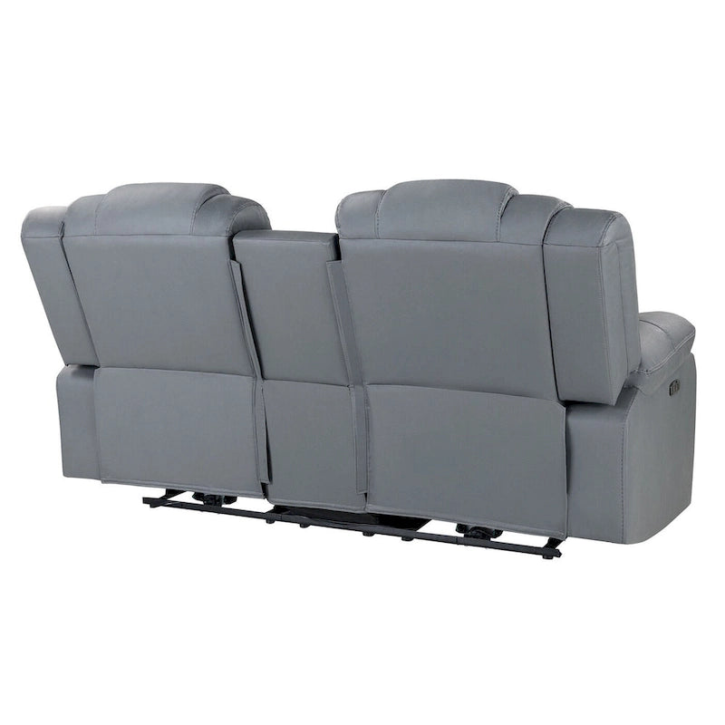 75-calowa jasnoszara elektryczna sofa dwuosobowa ze skóry ekologicznej z funkcją rozkładania i schowkiem
