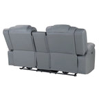 75-calowa jasnoszara elektryczna sofa dwuosobowa ze skóry ekologicznej z funkcją rozkładania i schowkiem