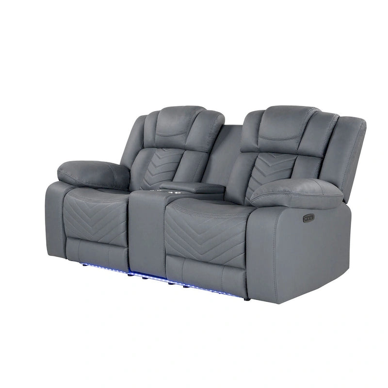 75-calowa jasnoszara elektryczna sofa dwuosobowa ze skóry ekologicznej z funkcją rozkładania i schowkiem