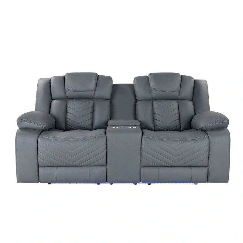 75-calowa jasnoszara elektryczna sofa dwuosobowa ze skóry ekologicznej z funkcją rozkładania i schowkiem