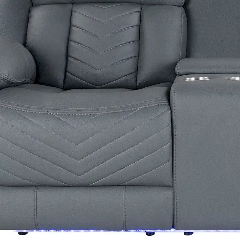 75-calowa jasnoszara elektryczna sofa dwuosobowa ze skóry ekologicznej z funkcją rozkładania i schowkiem