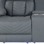 75-calowa jasnoszara elektryczna sofa dwuosobowa ze skóry ekologicznej z funkcją rozkładania i schowkiem
