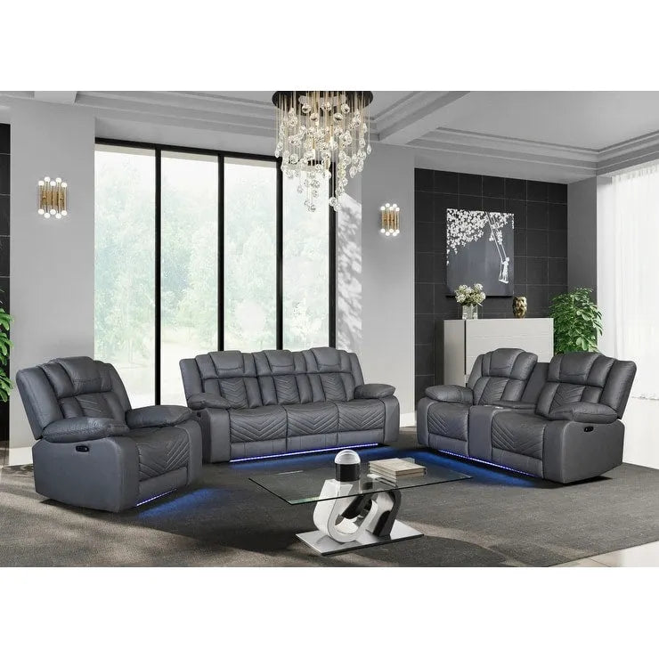 75-calowa jasnoszara elektryczna sofa dwuosobowa ze skóry ekologicznej z funkcją rozkładania i schowkiem
