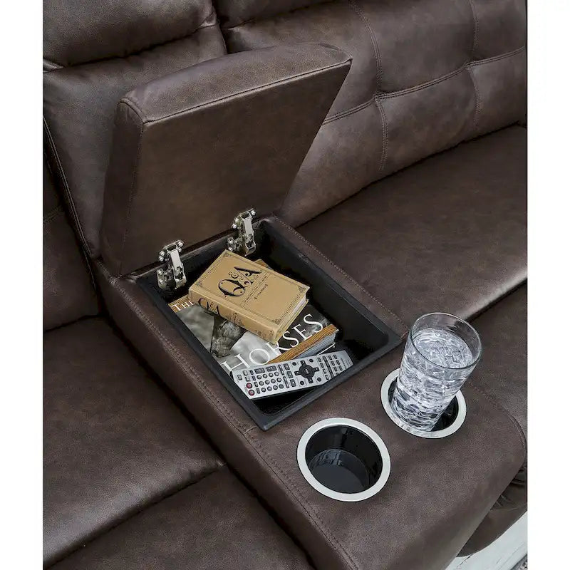 Signature Design by Ashley Punch Up, ciemnobrązowy 3-częściowy narożnik z elektrycznie rozkładaną dwuosobową sofą i konsolą — 93W x 39D x 41H
