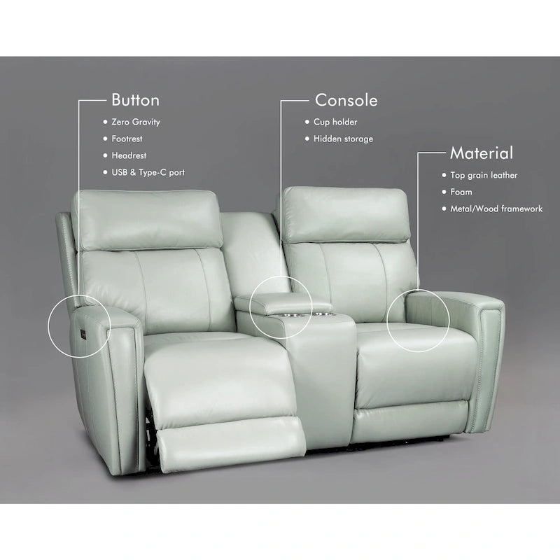 71.5-calowa skórzana elektryczna sofa dwuosobowa Zero Gravity z zagłówkiem, portami USB i USB-C