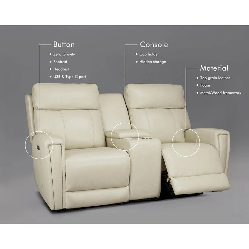 71.5-calowa skórzana elektryczna sofa dwuosobowa Zero Gravity z zagłówkiem, portami USB i USB-C
