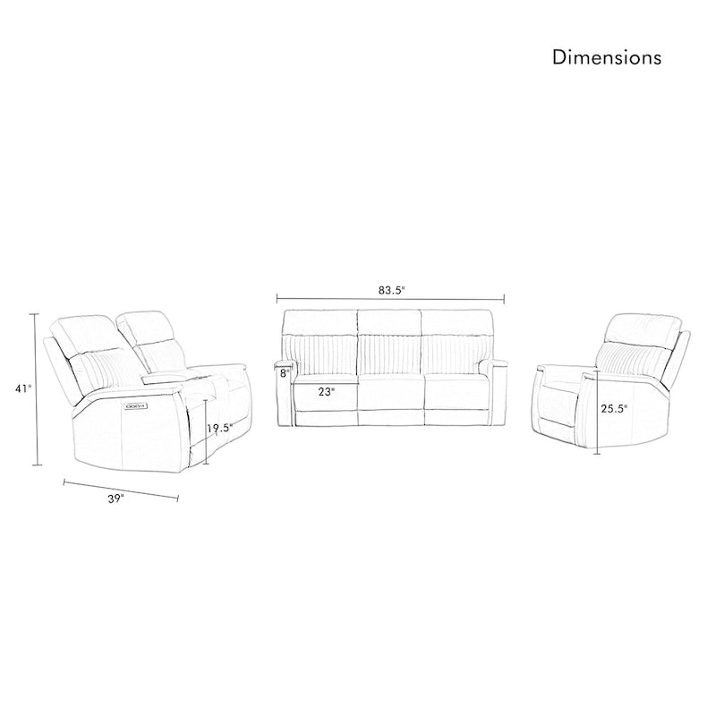Juego de sofá reclinable eléctrico de cuero de 3 piezas con gravedad cero, reposacabezas y soporte lumbar eléctricos, puertos USB y USB-C