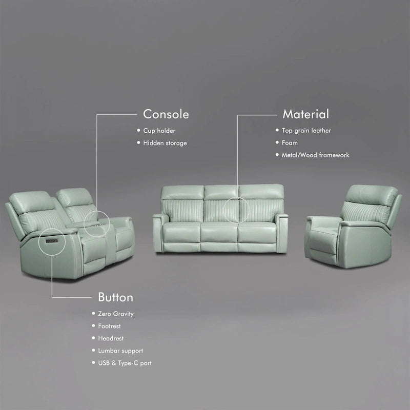 Juego de sofá reclinable eléctrico de cuero de 3 piezas con gravedad cero, reposacabezas y soporte lumbar eléctricos, puertos USB y USB-C