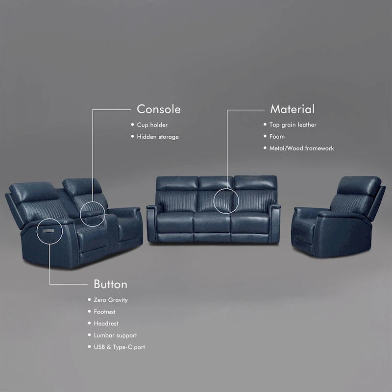 Juego de sofá reclinable eléctrico de cuero de 3 piezas con gravedad cero, reposacabezas y soporte lumbar eléctricos, puertos USB y USB-C