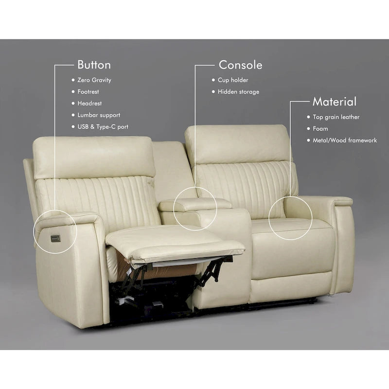 73-Zoll-Leder-Loveseat mit elektrischer Zero-Gravity-Liegeverstellung, elektrischer Kopfstütze und elektrischer Lordosenstütze, USB- und USB-C-Anschluss
