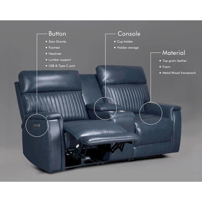 73-Zoll-Leder-Loveseat mit elektrischer Zero-Gravity-Liegeverstellung, elektrischer Kopfstütze und elektrischer Lordosenstütze, USB- und USB-C-Anschluss