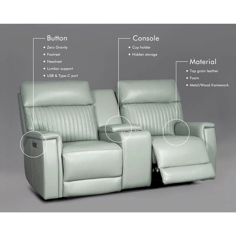 73-Zoll-Leder-Loveseat mit elektrischer Zero-Gravity-Liegeverstellung, elektrischer Kopfstütze und elektrischer Lordosenstütze, USB- und USB-C-Anschluss