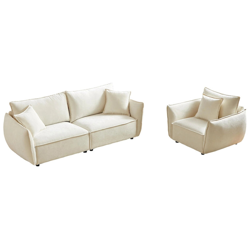 Set di divani modulari in tessuto di lino da 2 pezzi e 4 posti, configurazione con divano a 3 posti + poltrona, struttura in legno e 3 cuscini