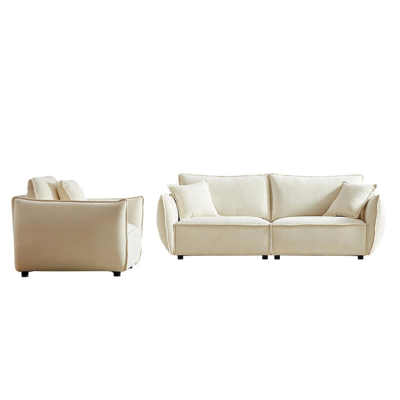 Set di divani modulari in tessuto di lino da 2 pezzi e 4 posti, configurazione con divano a 3 posti + poltrona, struttura in legno e 3 cuscini