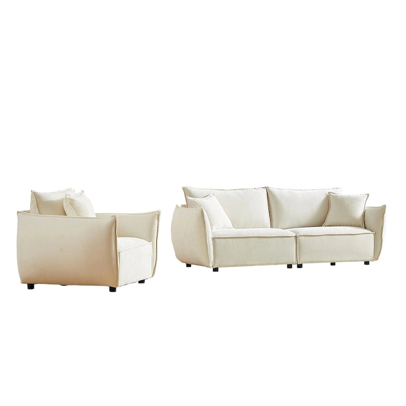 Set di divani modulari in tessuto di lino da 2 pezzi e 4 posti, configurazione con divano a 3 posti + poltrona, struttura in legno e 3 cuscini
