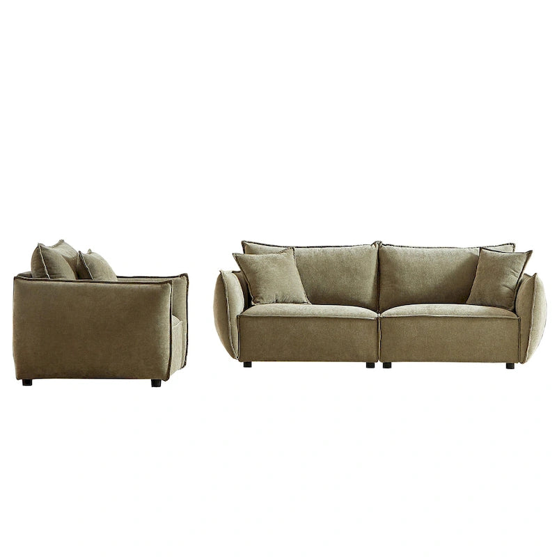 Set di divani modulari in tessuto di lino da 2 pezzi e 4 posti, configurazione con divano a 3 posti + poltrona, struttura in legno e 3 cuscini