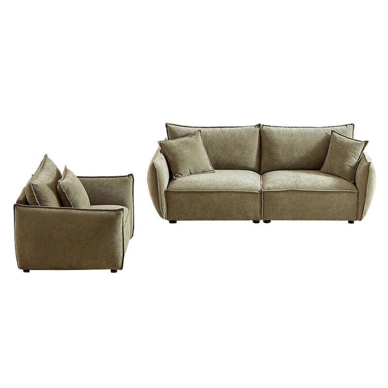 Set di divani modulari in tessuto di lino da 2 pezzi e 4 posti, configurazione con divano a 3 posti + poltrona, struttura in legno e 3 cuscini