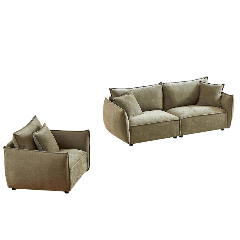 Set di divani modulari in tessuto di lino da 2 pezzi e 4 posti, configurazione con divano a 3 posti + poltrona, struttura in legno e 3 cuscini