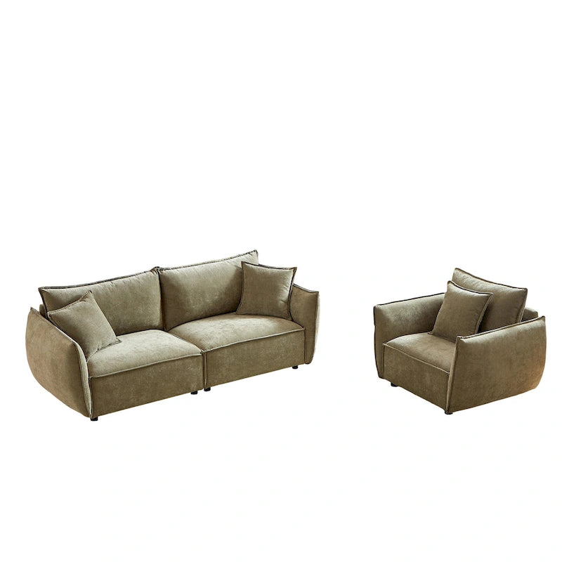 Set di divani modulari in tessuto di lino da 2 pezzi e 4 posti, configurazione con divano a 3 posti + poltrona, struttura in legno e 3 cuscini