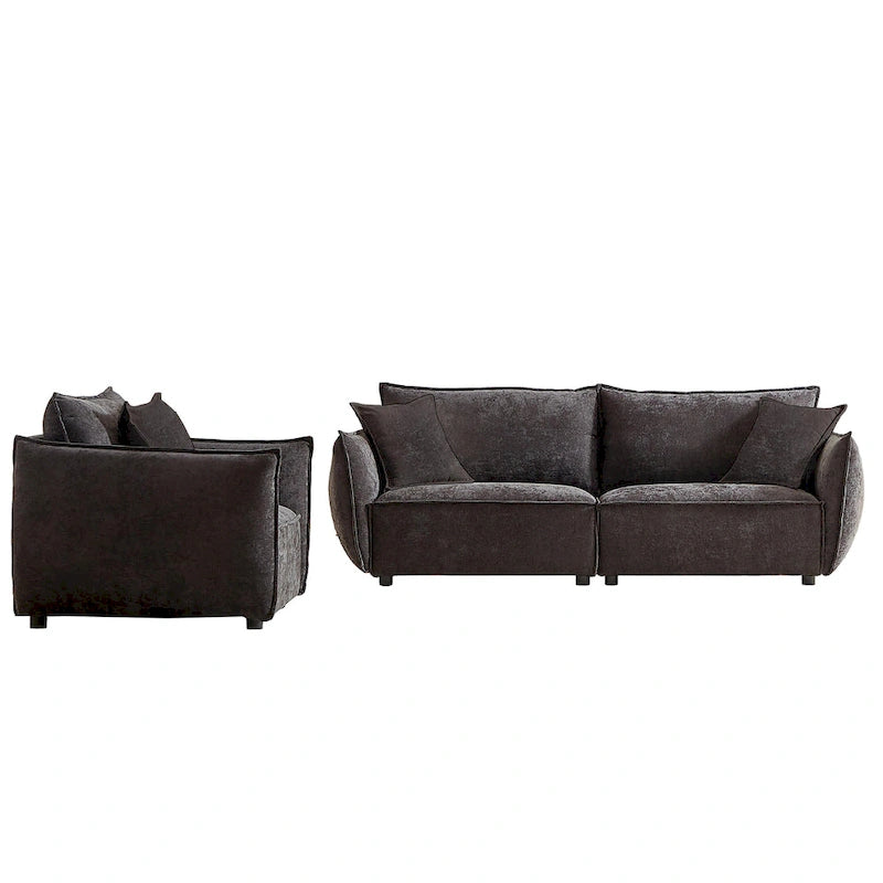 Set di divani modulari in tessuto di lino da 2 pezzi e 4 posti, configurazione con divano a 3 posti + poltrona, struttura in legno e 3 cuscini