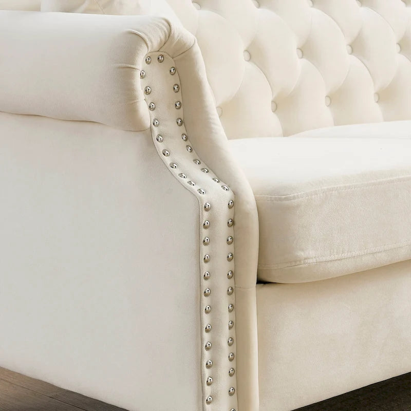 2-delige fluwelen Chesterfield-bankset voor 6 personen (twee 3-zitsbanken) met gecapitonneerde rugleuning en nagelkopafwerking