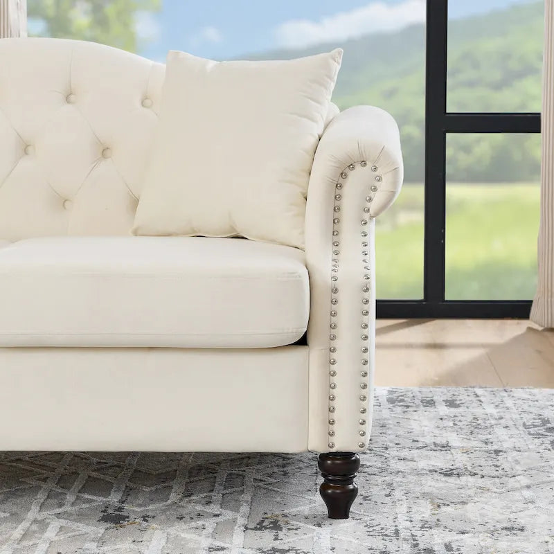 2-delige fluwelen Chesterfield-bankset voor 6 personen (twee 3-zitsbanken) met gecapitonneerde rugleuning en nagelkopafwerking