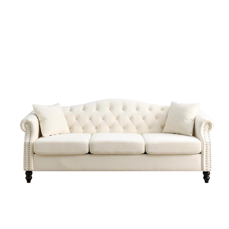 2-delige fluwelen Chesterfield-bankset voor 6 personen (twee 3-zitsbanken) met gecapitonneerde rugleuning en nagelkopafwerking