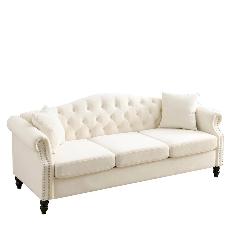 2-delige fluwelen Chesterfield-bankset voor 6 personen (twee 3-zitsbanken) met gecapitonneerde rugleuning en nagelkopafwerking