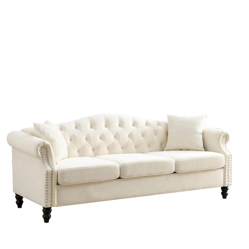 2-delige fluwelen Chesterfield-bankset voor 6 personen (twee 3-zitsbanken) met gecapitonneerde rugleuning en nagelkopafwerking