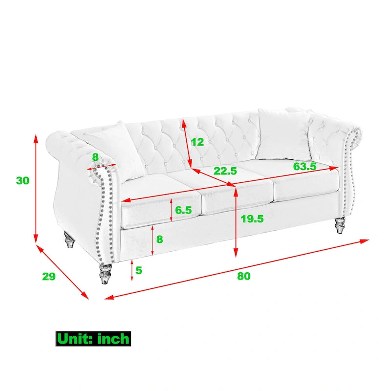 2-delige fluwelen Chesterfield-bankset voor 6 personen (twee 3-zitsbanken) met gecapitonneerde rugleuning en nagelkopafwerking