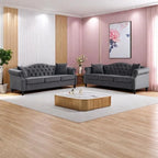 2-delige fluwelen Chesterfield-bankset voor 6 personen (twee 3-zitsbanken) met gecapitonneerde rugleuning en nagelkopafwerking