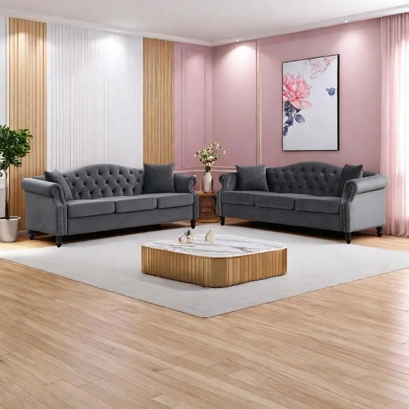 2-delige fluwelen Chesterfield-bankset voor 6 personen (twee 3-zitsbanken) met gecapitonneerde rugleuning en nagelkopafwerking